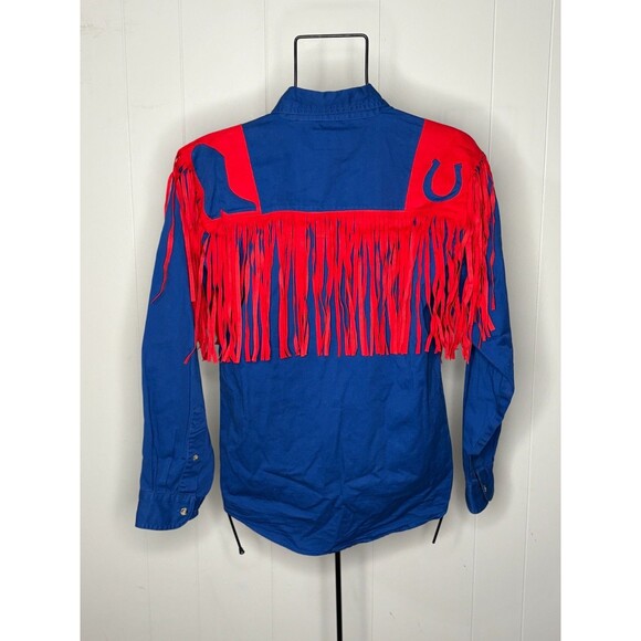Vintage Handmade Blue‎ Red Western Cowboy Fringe Shirt Boots Horseshoe Button - Picture 7 of 7